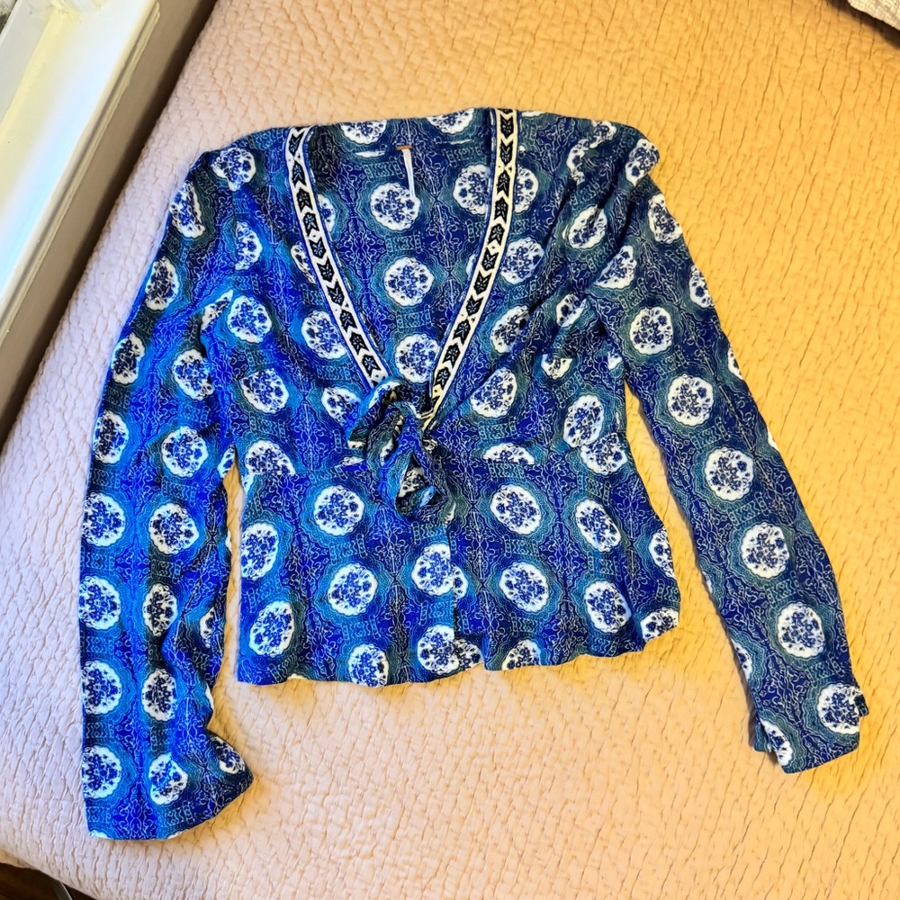 Free People 'Time of Your Life' Tunic Top, Tied, Cobalt Blue- Size S - Like New!